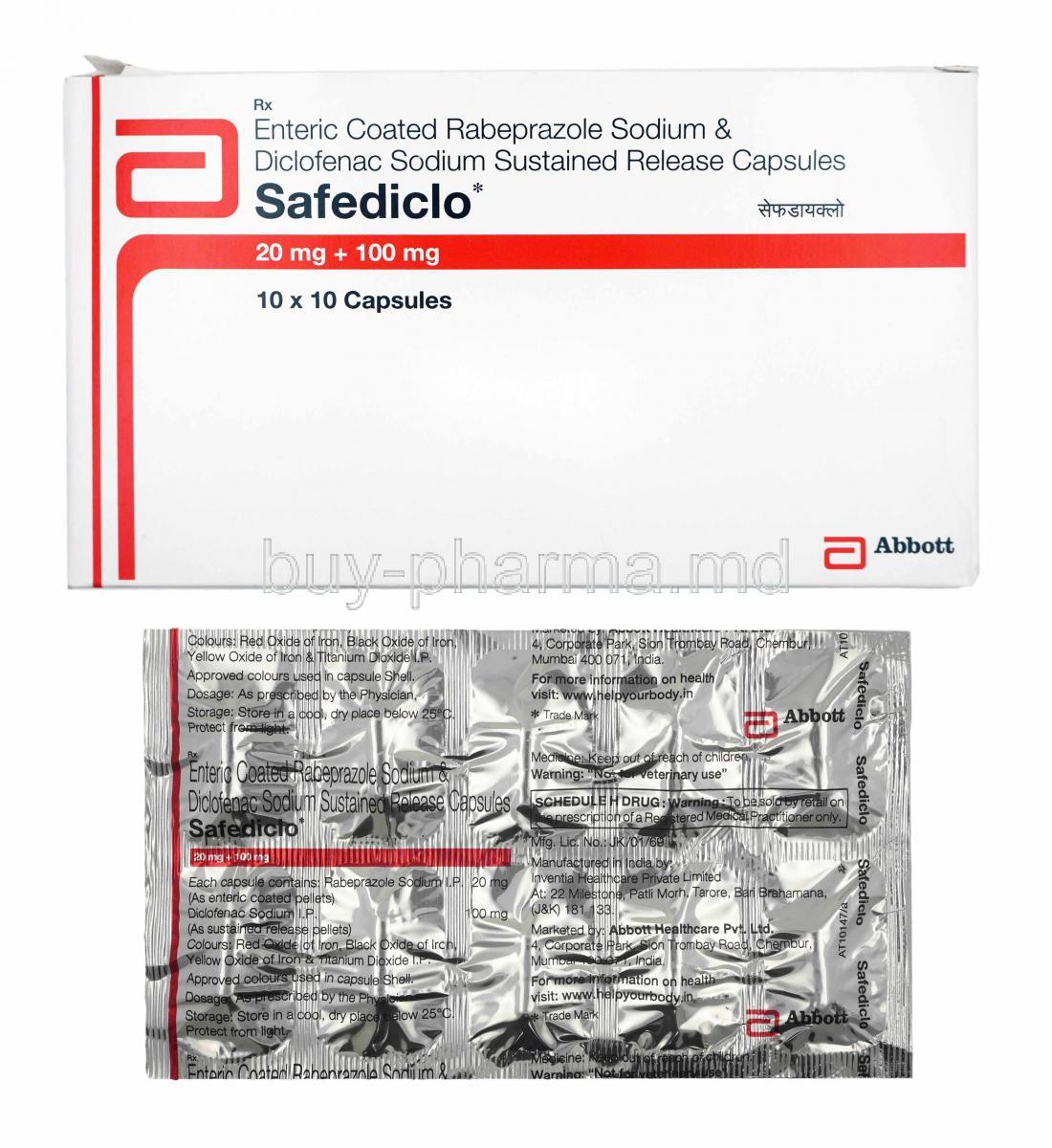 Safediclo, Diclofenac and Rabeprazole box and capsules