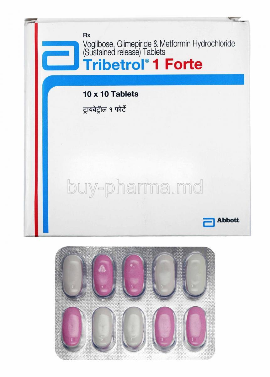 Tribetrol, Glimepiride 1mg, Metformin 500mg and Voglibose 0.3mg box and tablets