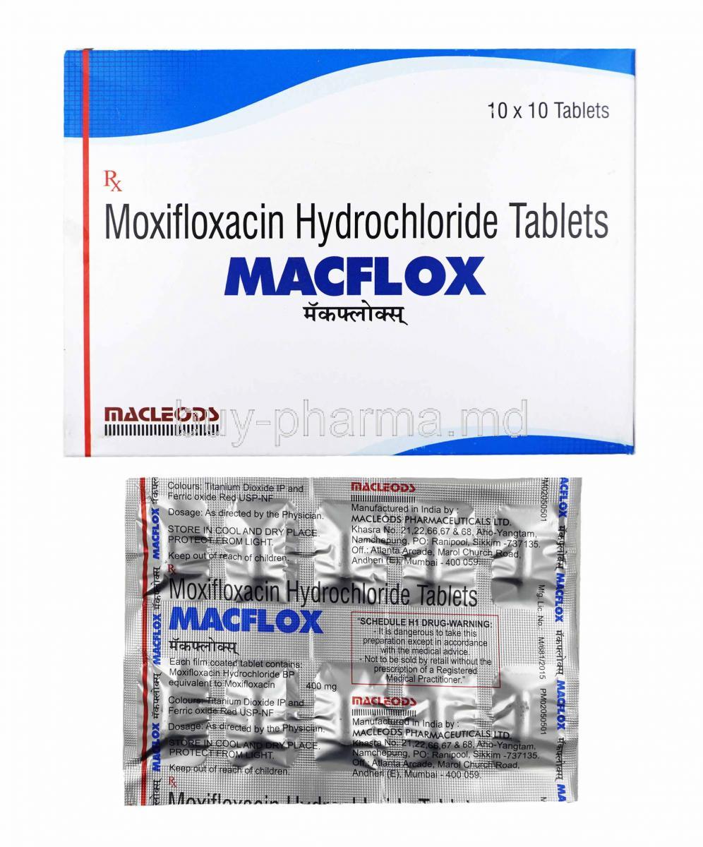 Macflox, Moxifloxacin box and tablets