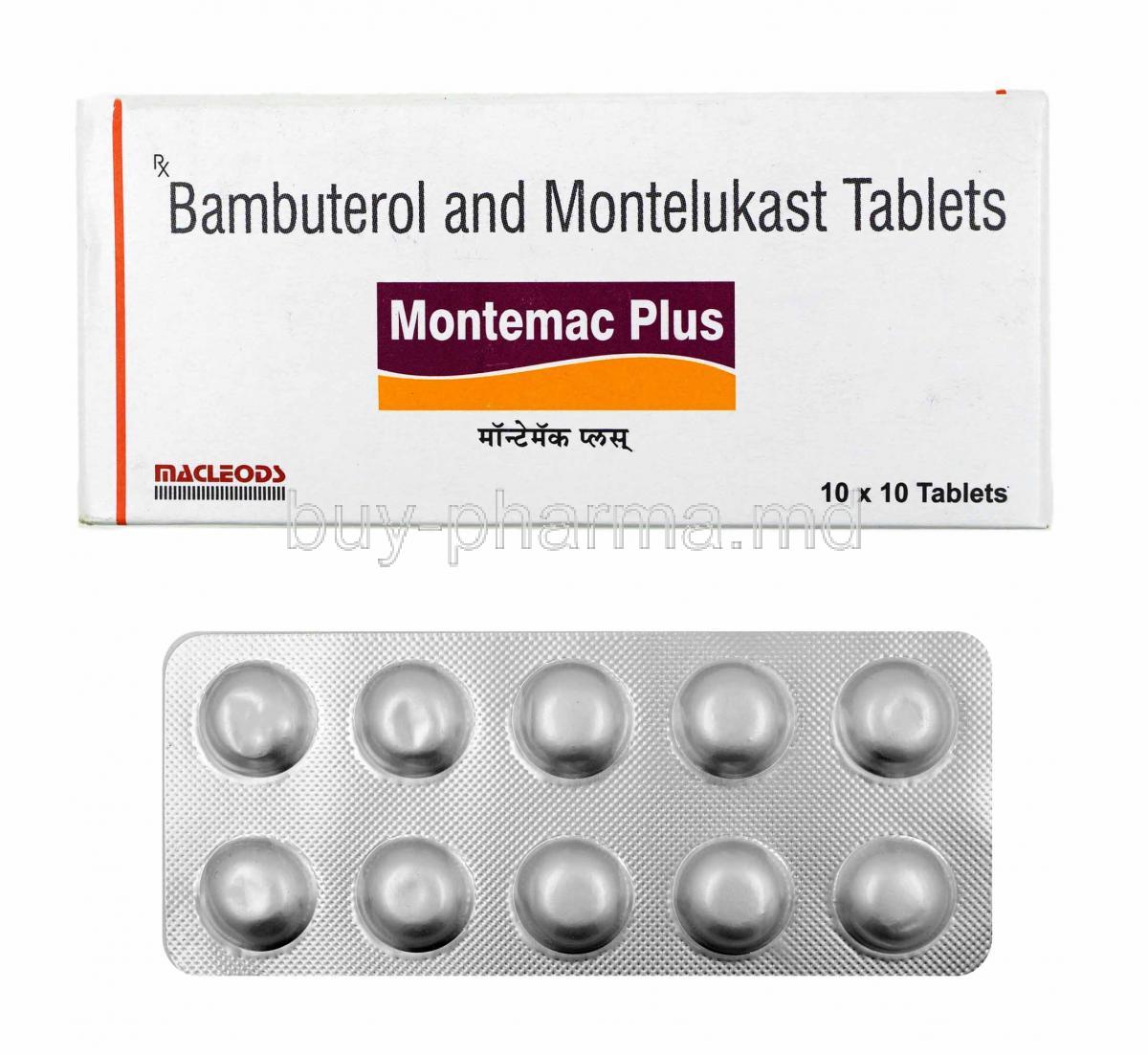 Montemac Plus, Bambuterol and Montelukast box and tablets