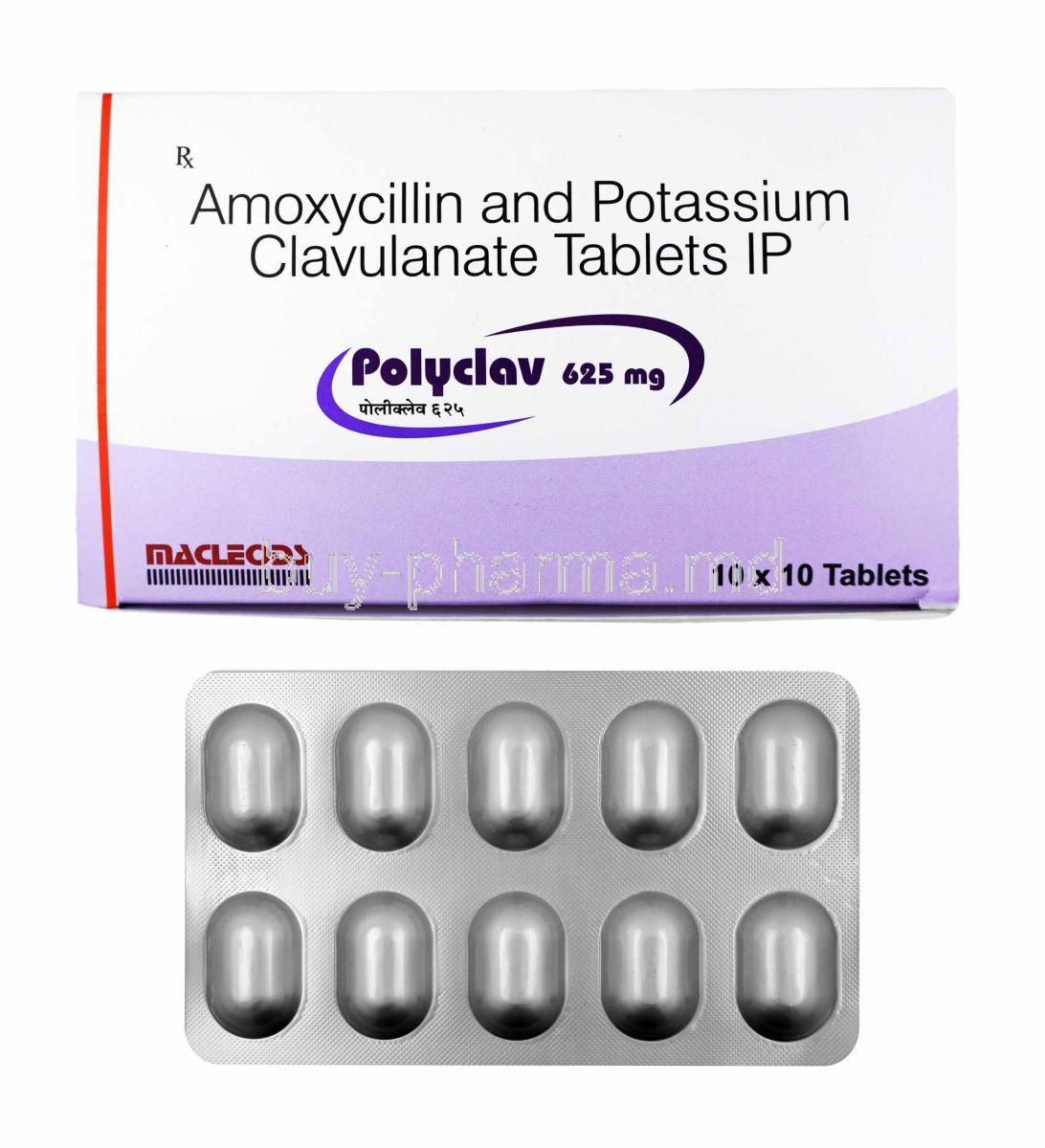 Polyclav, Amoxicillin and Clavulanic Acid 625mg box and tablets