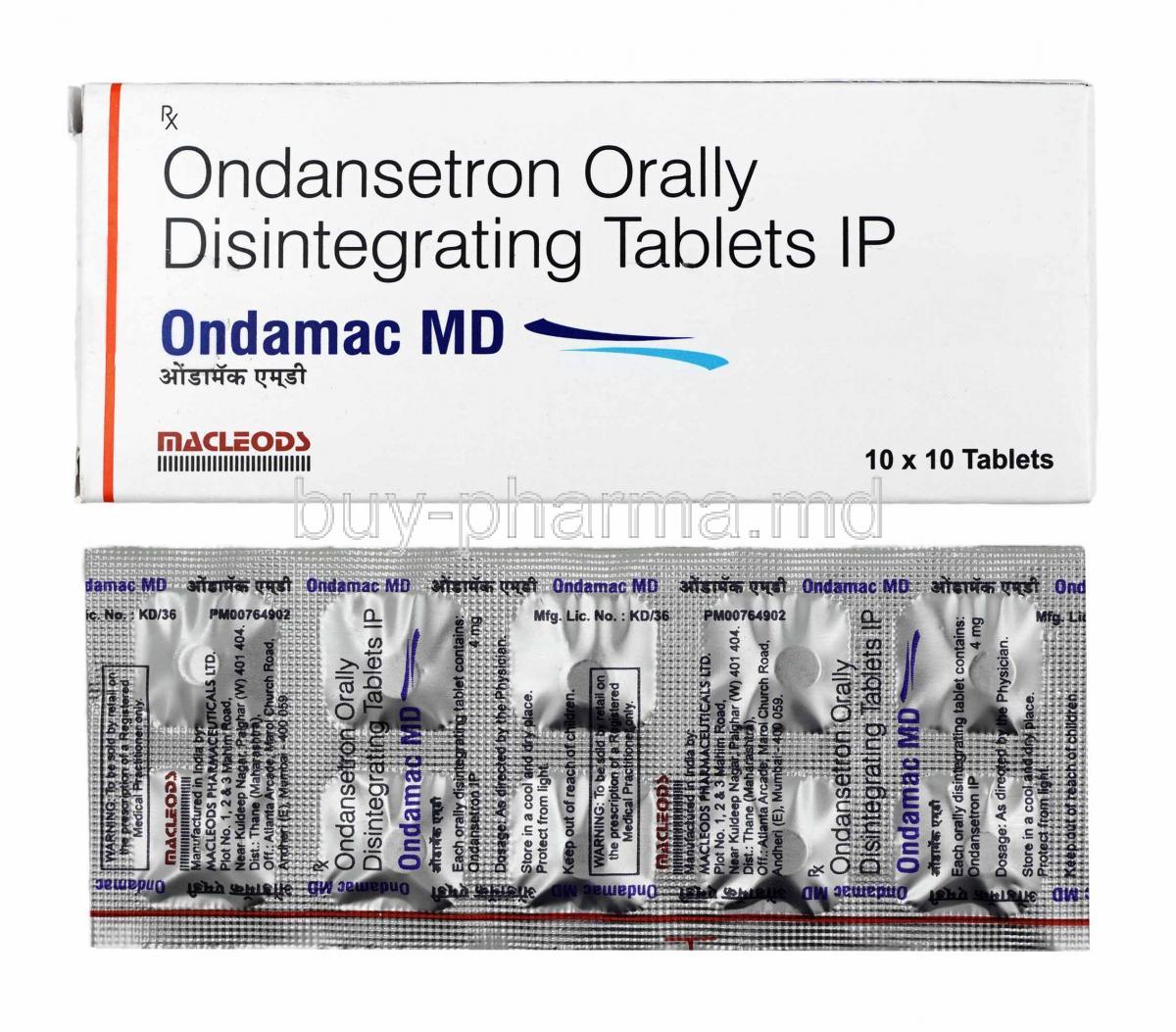 Ondamac MD, Ondansetron box and tablets