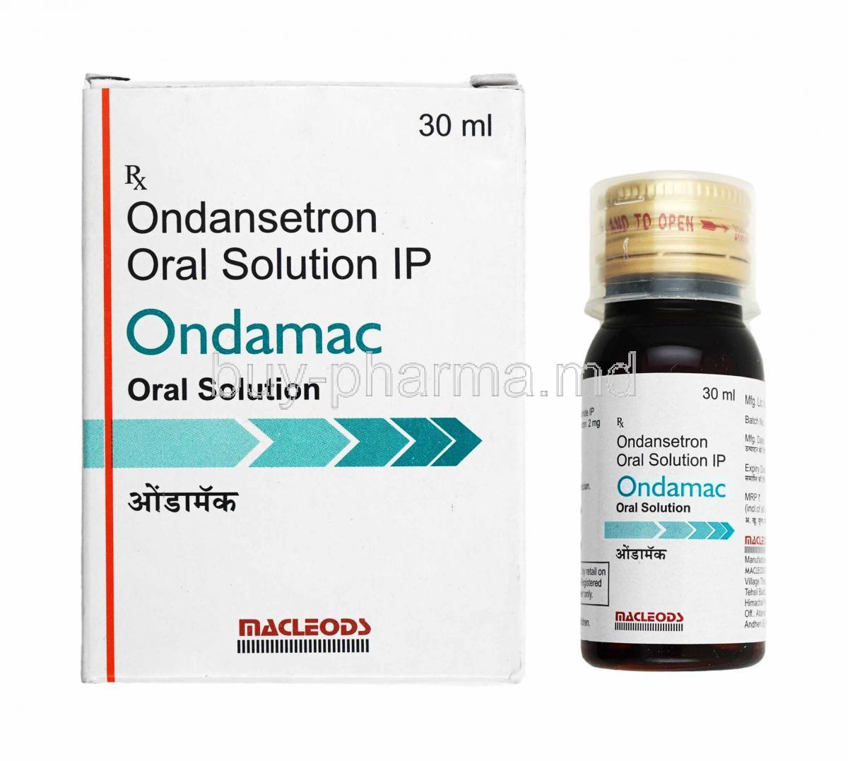 Ondamac Oral Suspension, Ondansetron box and bottle