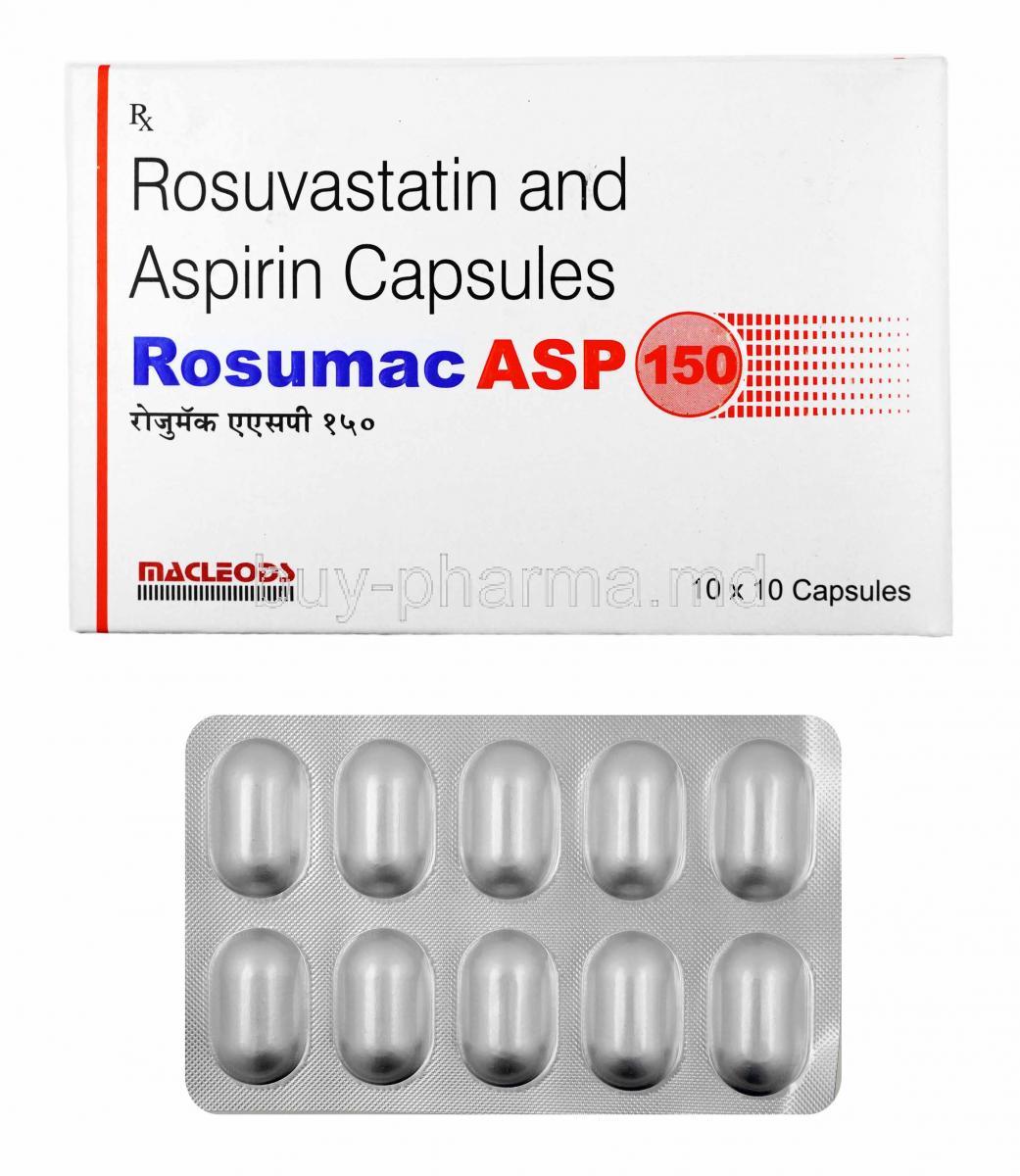 Rosumac ASP, Rosuvastatin 10mg and  Acetylsalicylic acid 150mg box and capsules