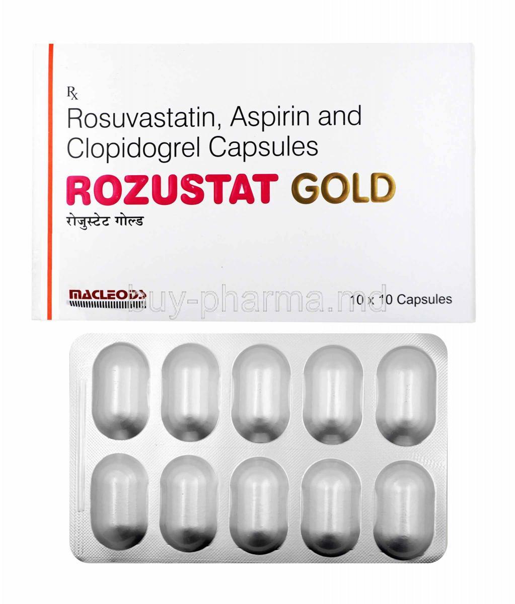 Rozustat Gold, Aspirin, Rosuvastatin and Clopidogrel box and capsules
