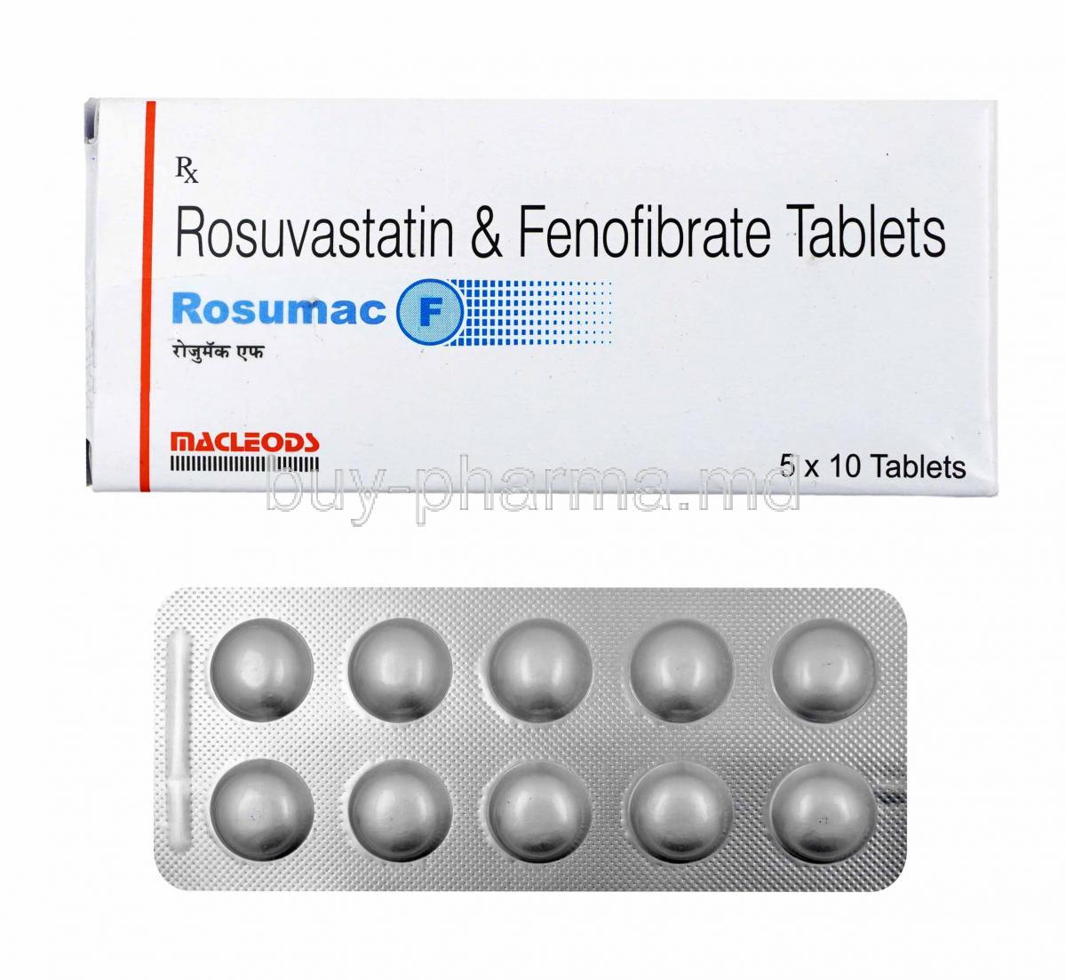 Rosumac F, Fenofibrate and Rosuvastatin 10mg box and tablets