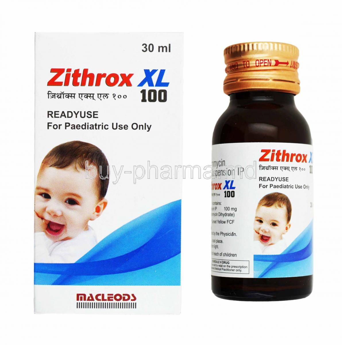 Zithrox XL Oral Suspensionicon, Azithromycin 100mg box and bottle