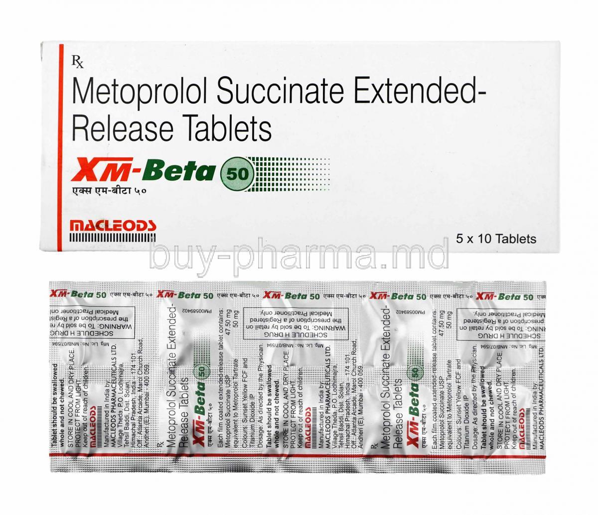 XM-Beta, Metoprolol Succinate 50mg box and tablets