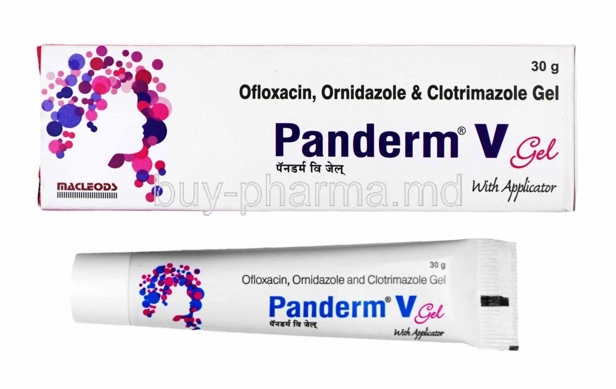 Panderm V Vaginal gel, Clotrimazole, Ofloxacin and Ornidazole box and tablets