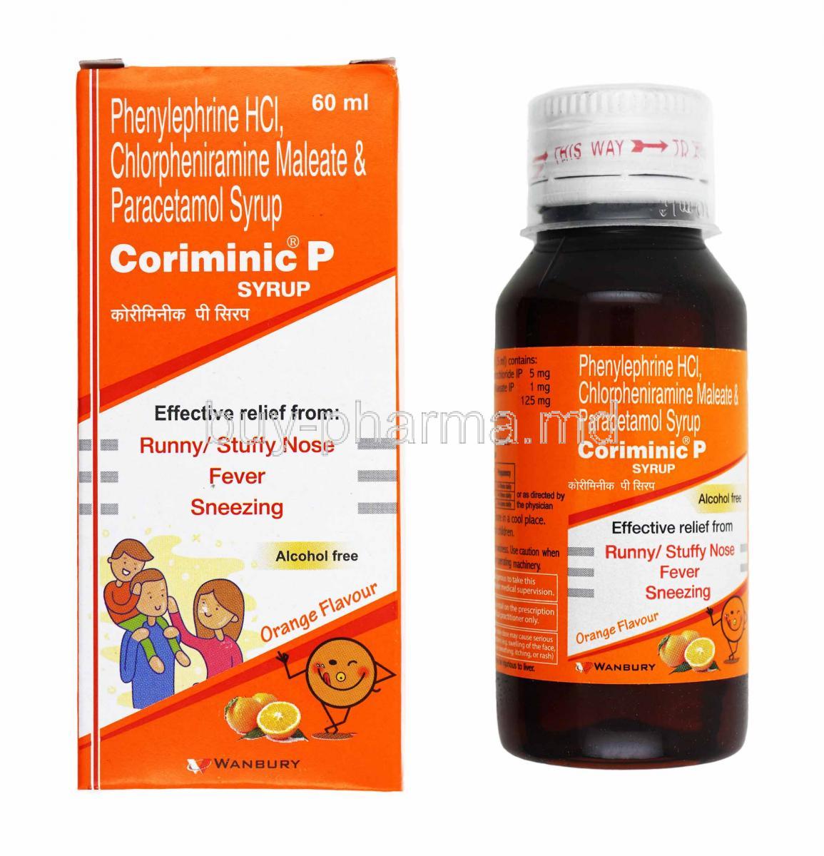 Coriminic P Syrup, Chlorpheniramine, Paracetamol and Phenylephrine box and bottle