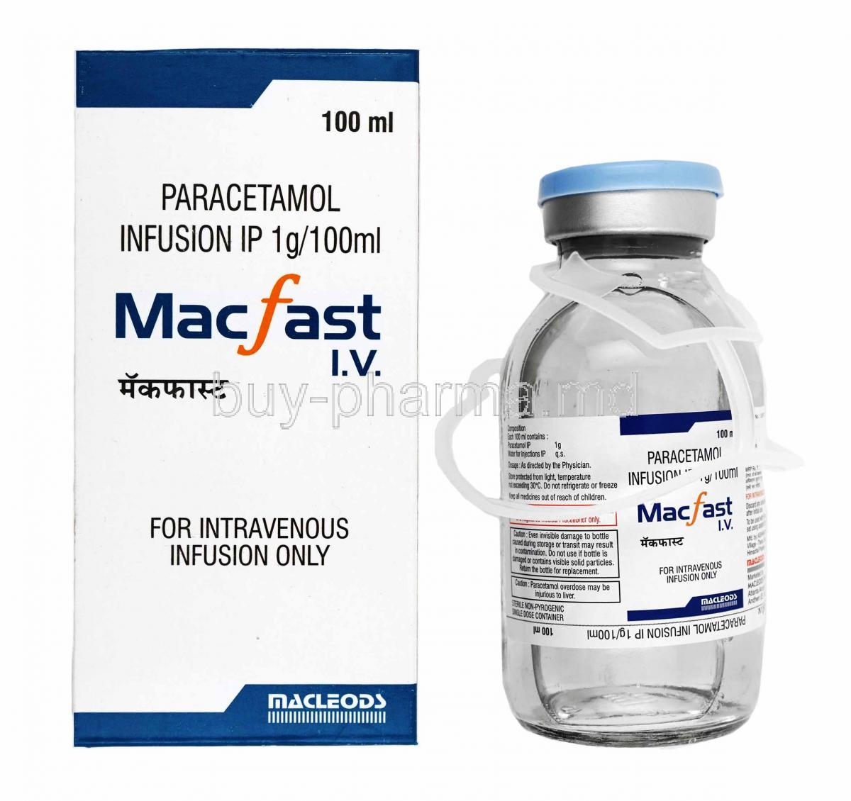 Macfast Infusion, Paracetamol box and bottle