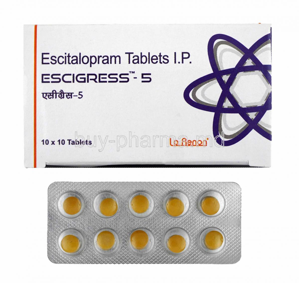 Escigress, Escitalopram 5mg box and tablets
