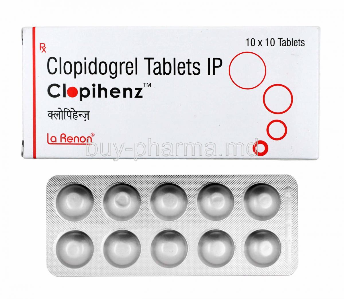 Colihenz, Clopidogrel box and tablets