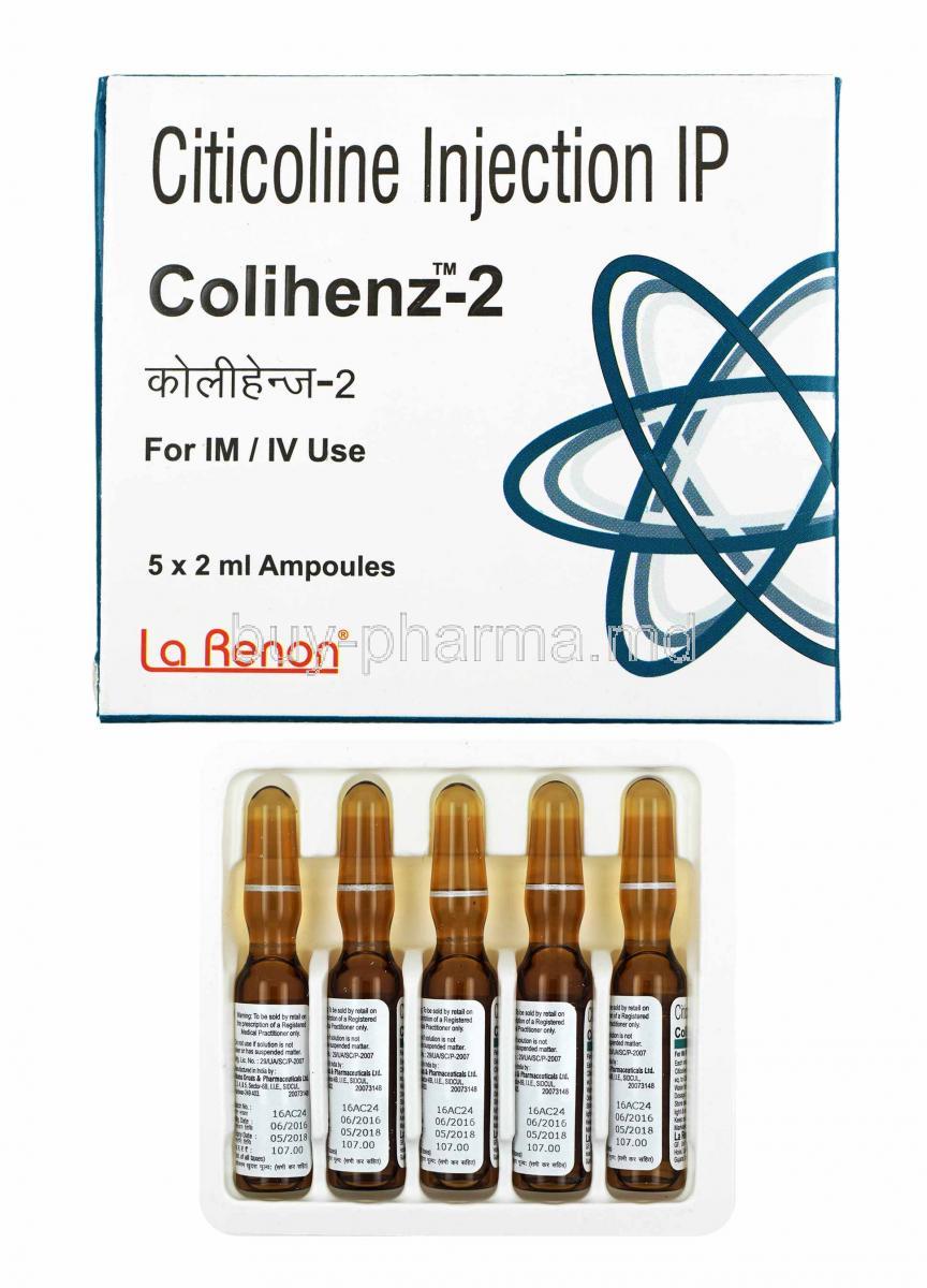 Colihenz Injection, Citicoline 2ml box and ampoules