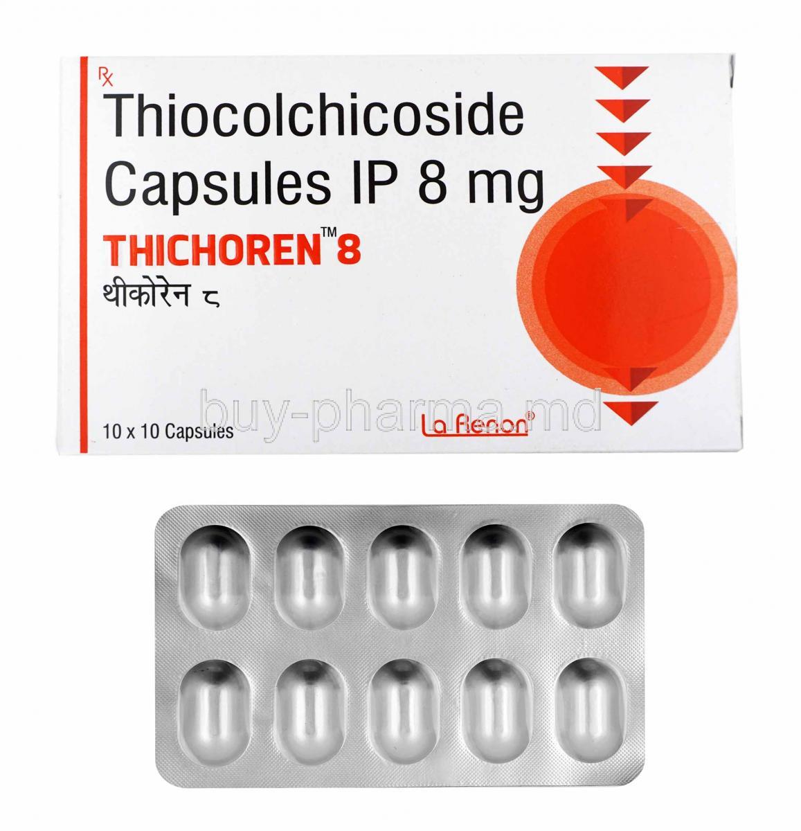 Thichoren, Thiocolchicoside 8mg box and tablets