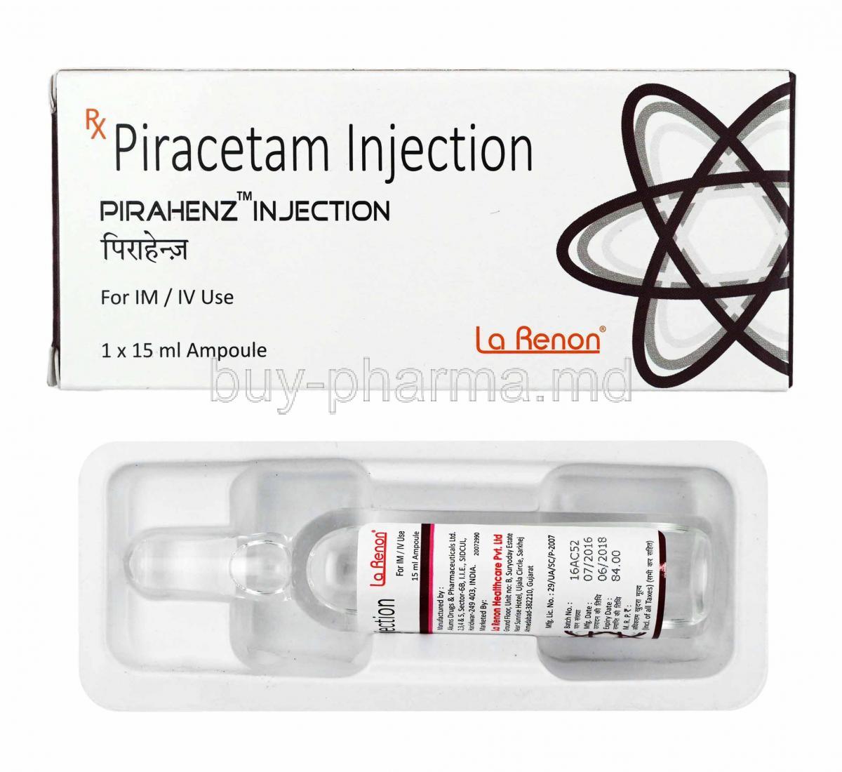Pirahenz Injection, Piracetam box and ampoules
