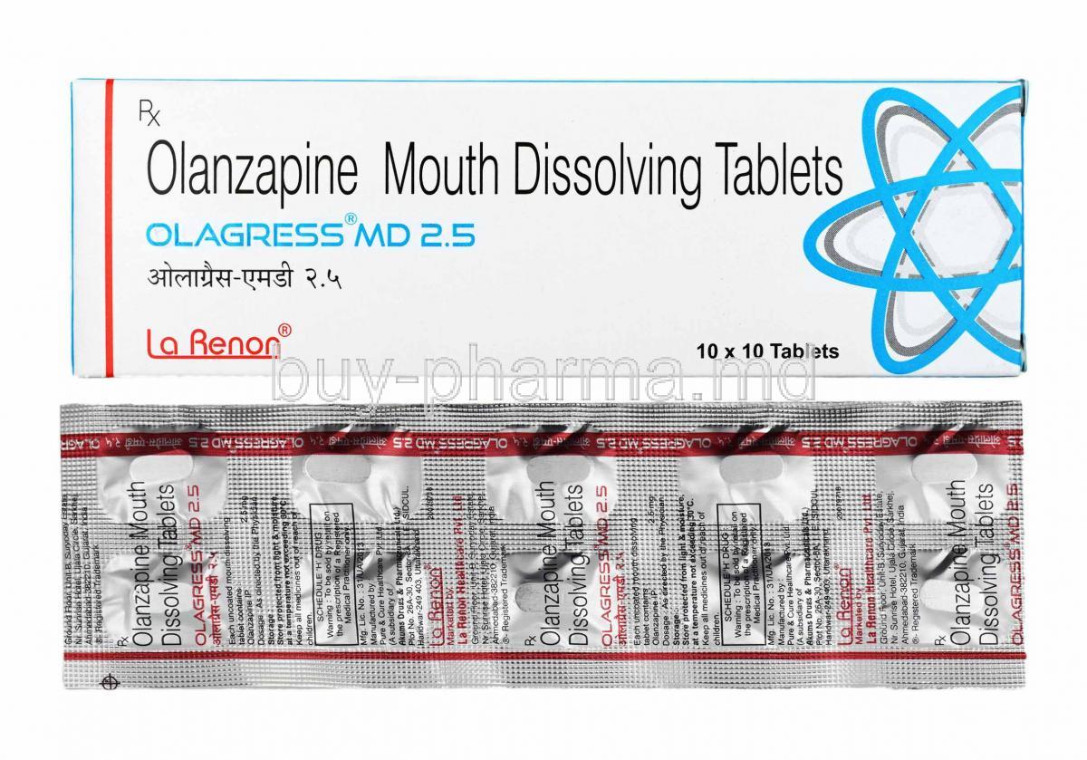 Olagress, Olanzapine 2.5mg box and tablets
