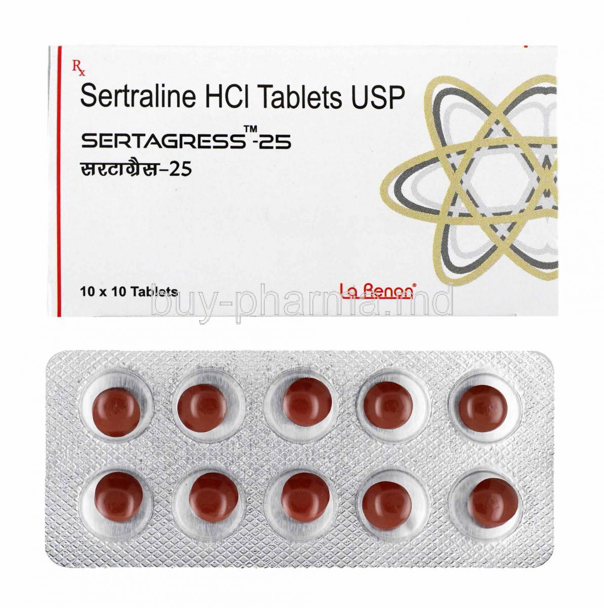 Sertagress, Sertraline 25mg box and tablets