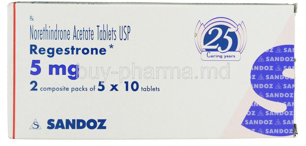 Regestrone,  Norethindrone Acetate Tablet Box