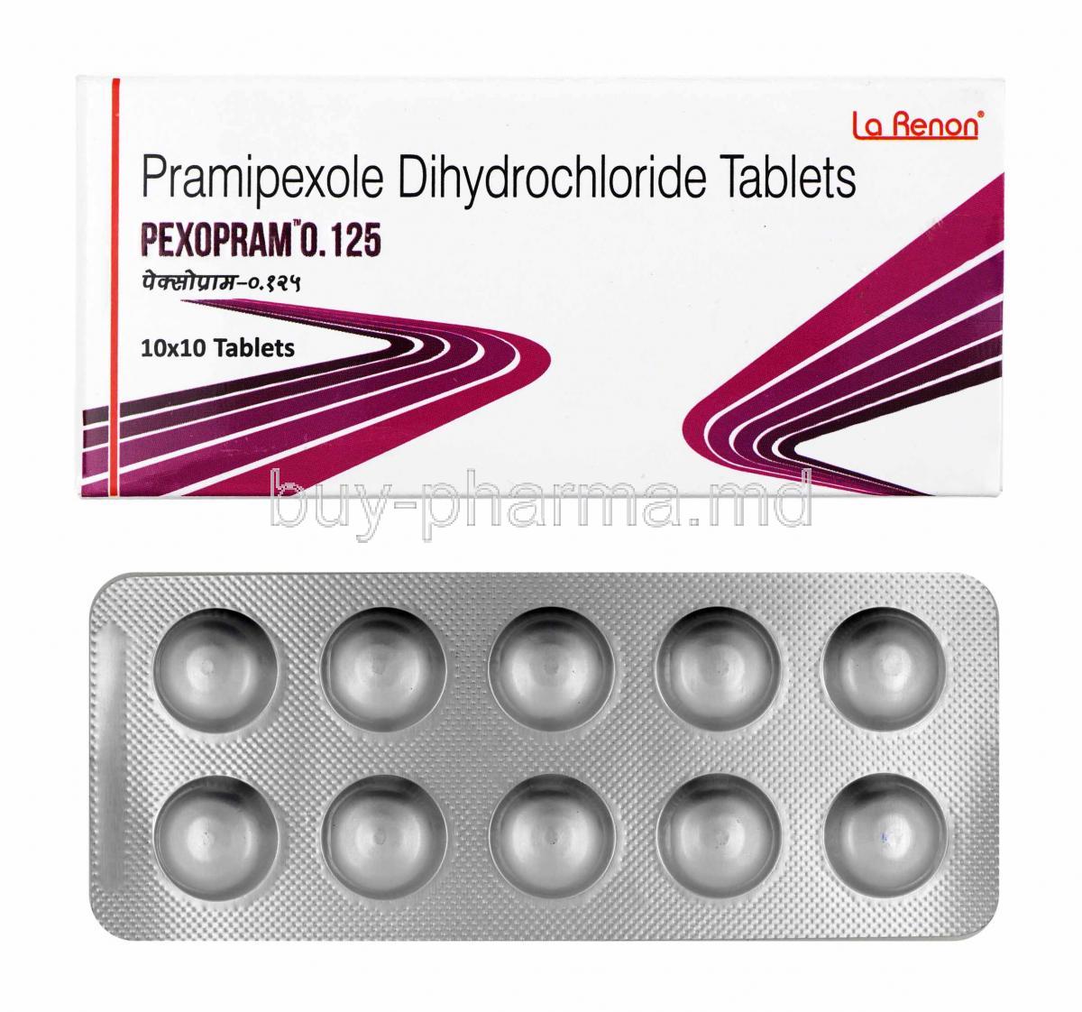 Pexopram, Pramipexole 0.125mg box and tablets