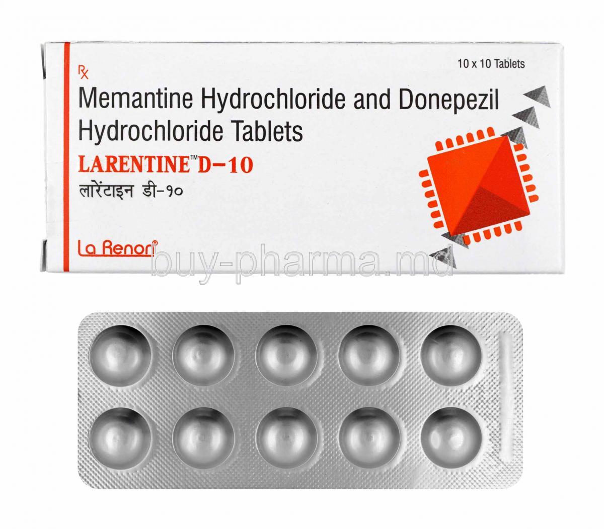 Larentine-D, Donepezil and Memantine 10mg box and tablets
