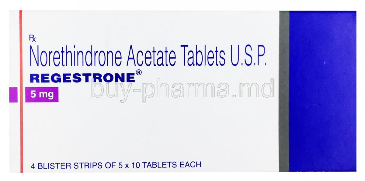 Norethindrone Acetate tablets U.S.P, Regestrone, 5mg, Box front presentation