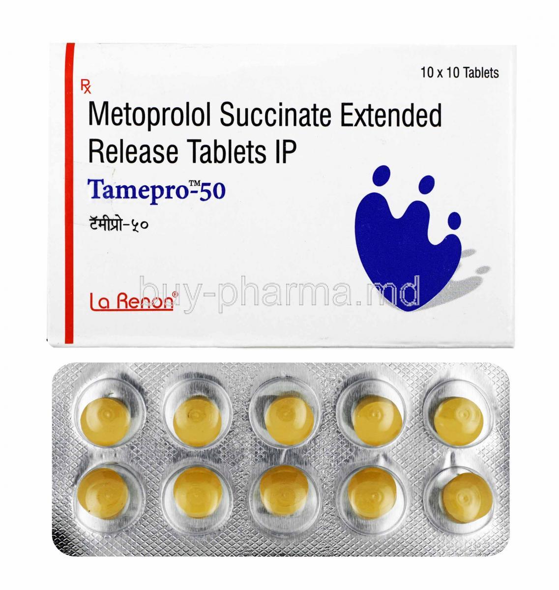 Tamepro, Metoprolol Succinate 50mg box and tablets