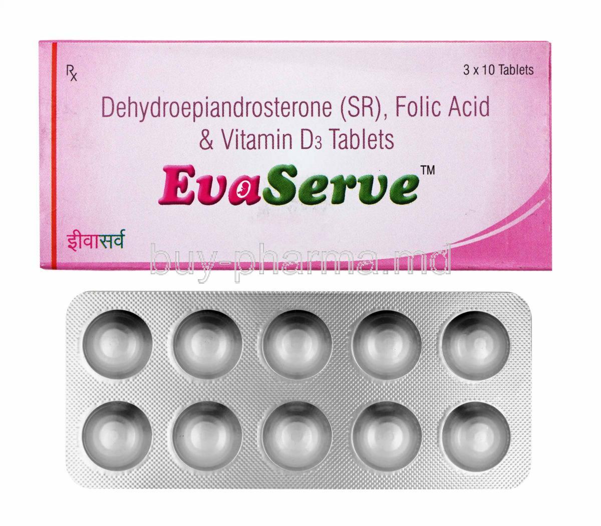 Evaserve, Dehydroepiandrosterone, Folic Acid and Vitamin D3 box and tablets