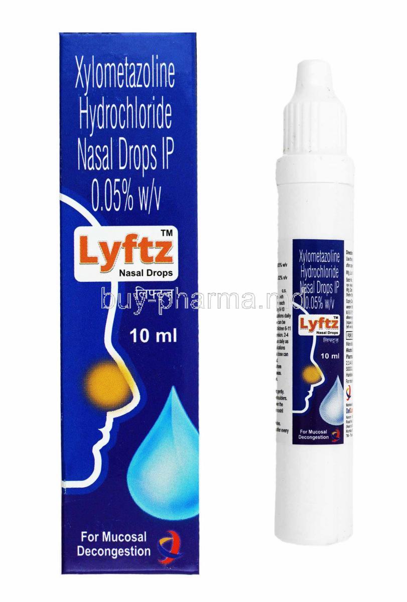 Lyftz Nasal Drops, Xylometazoline Hydrochloride and Benzalkonium Chloride box and drops