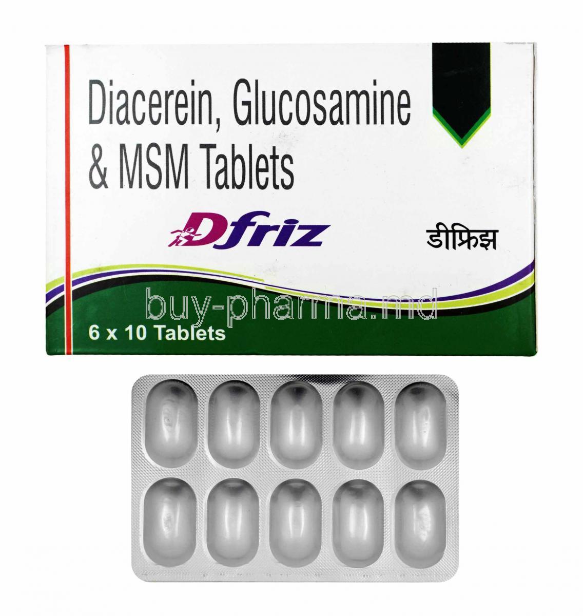 Dfriz,  Diacerein, Glucosamine and Methyl Sulfonyl Methane box and  tablets