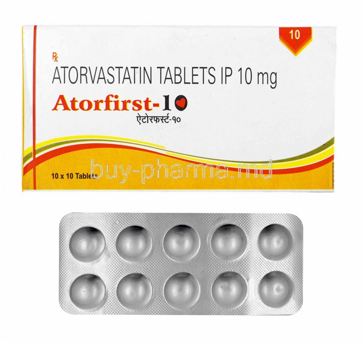 Atorfirst, Atorvastatin 10mg box and tablets