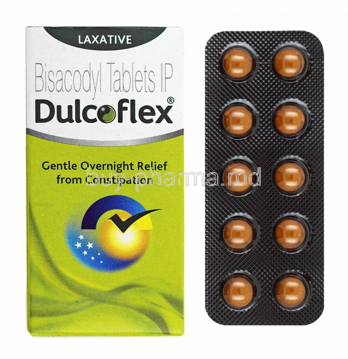 Dulcoflex, Bisacodyl box and  tablets.