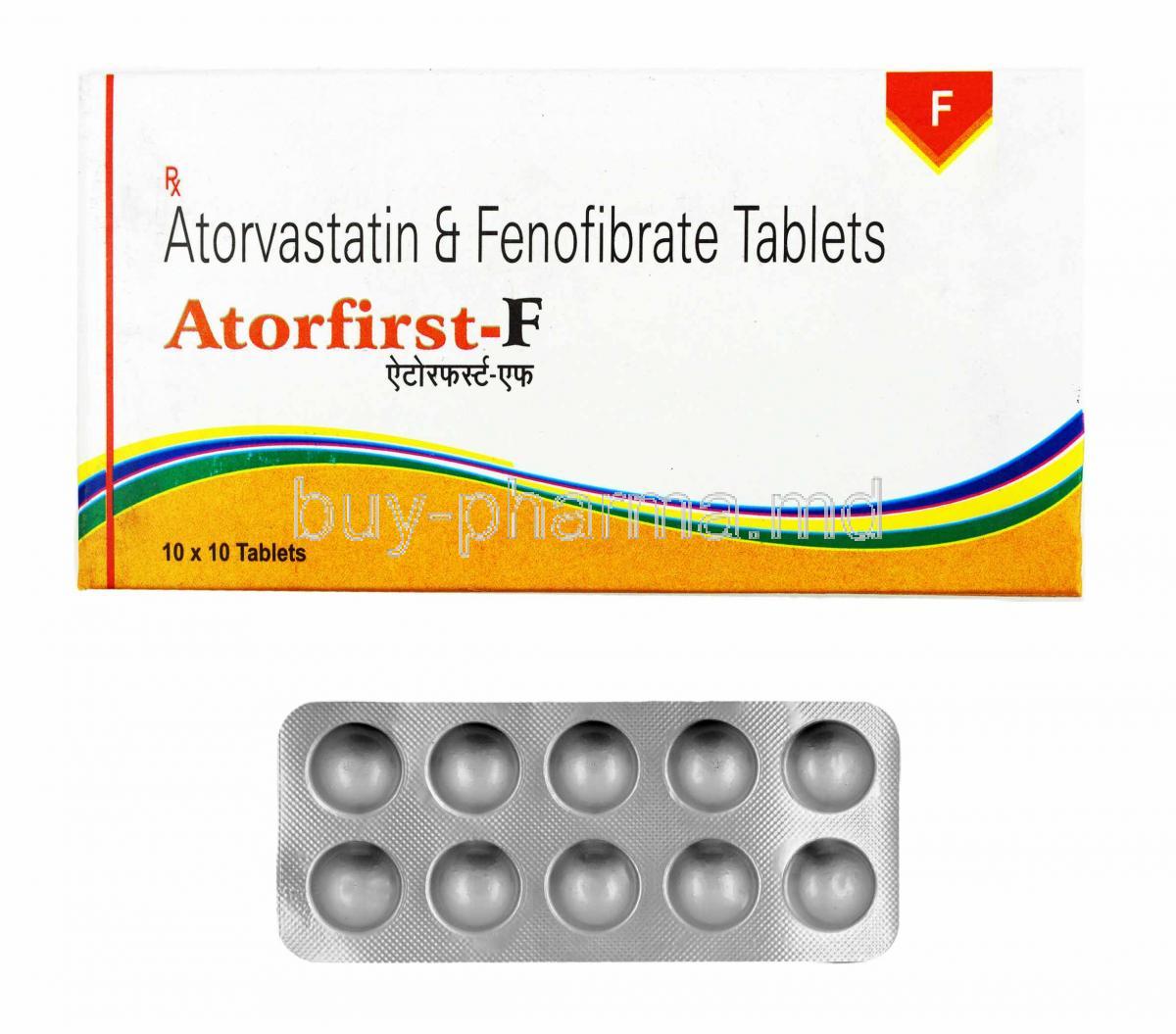 Atorfirst-F, Atorvastatin and Fenofibrate box and tablets