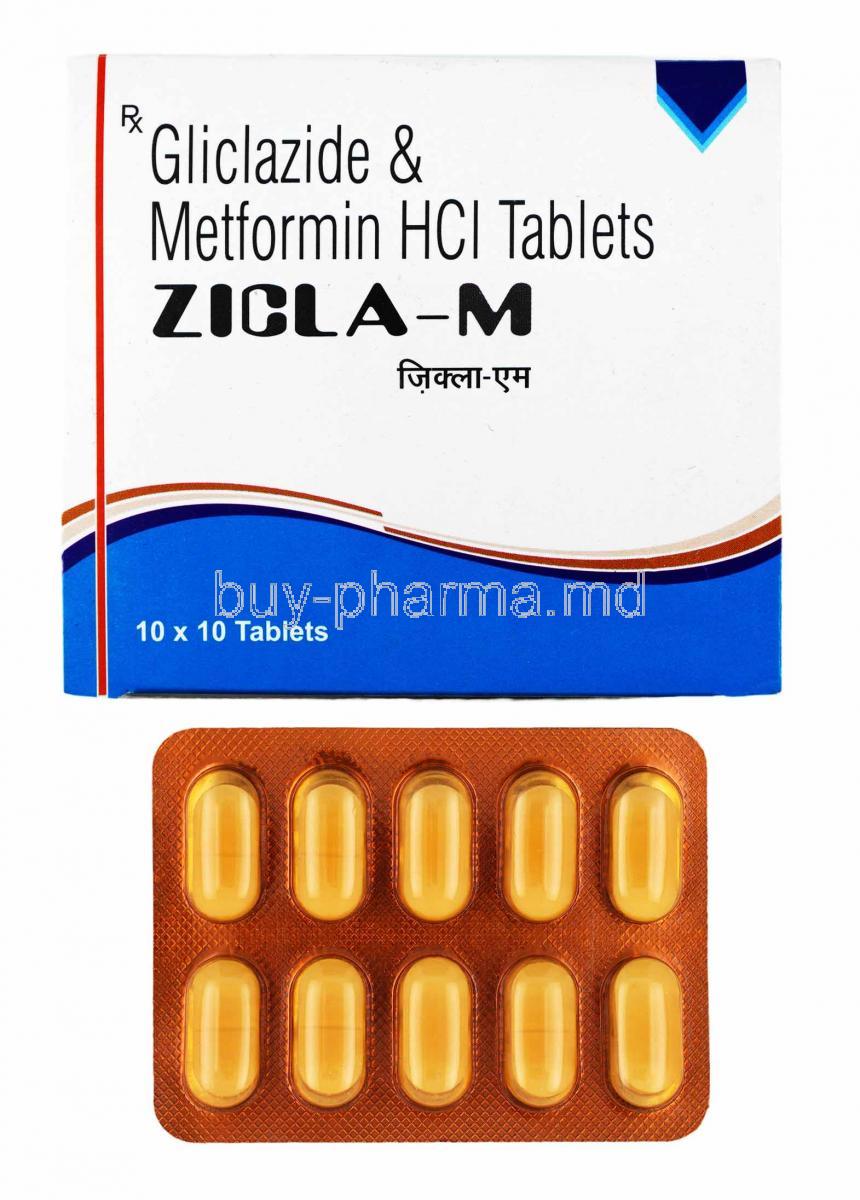 Zicla-M, Gliclazide and Metformin box and tablets