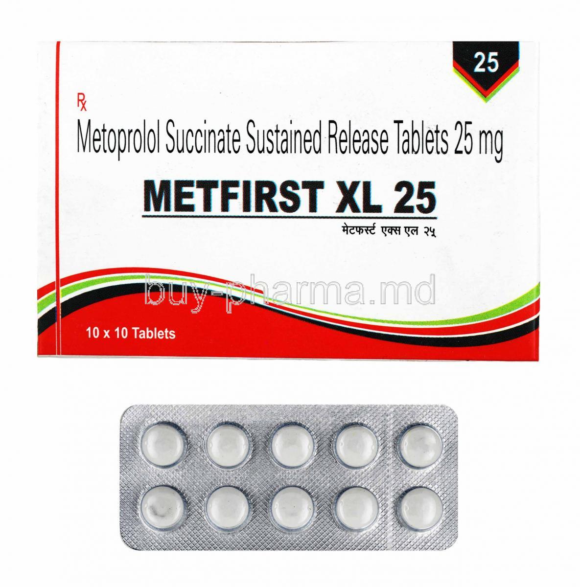 Metfirst XL, Metoprolol Succinate 25mg box and tablets
