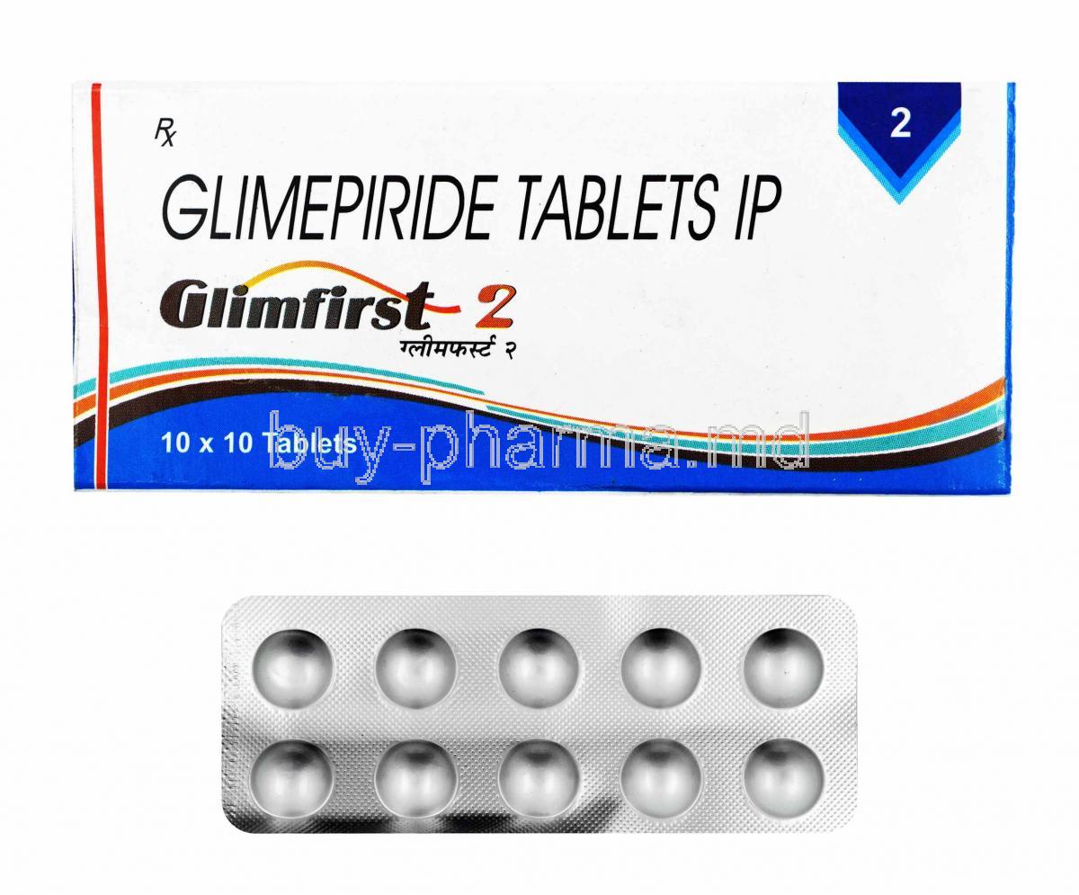 Glimfirst, Glimepiride 2mg box and tablets