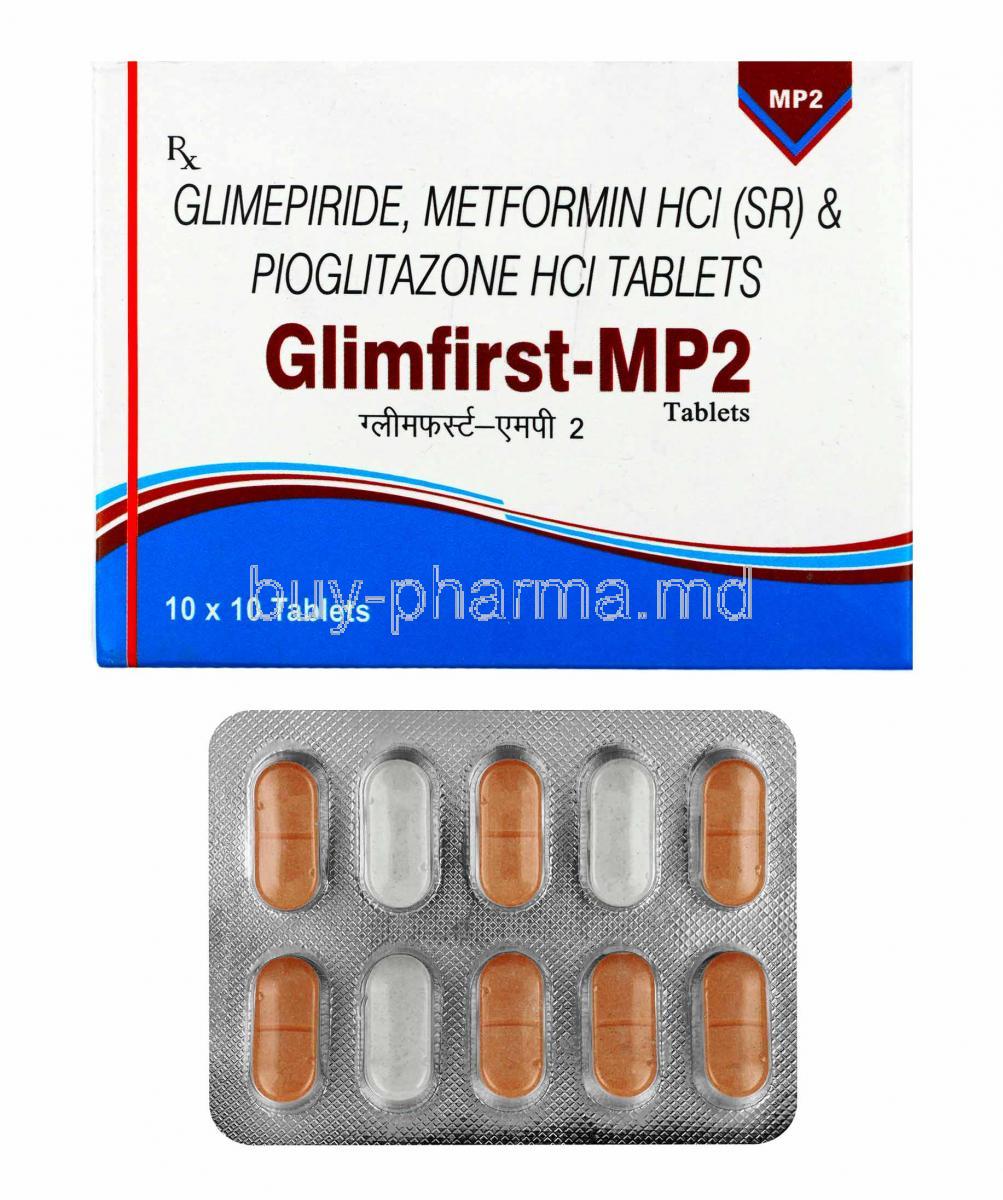 Glimfirst-MP, Glimepiride 2mg, Metformin and Pioglitazone box and tablets