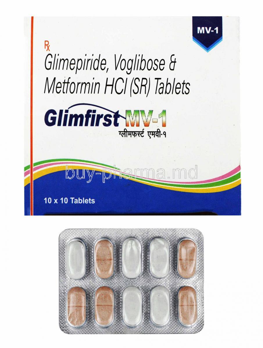 Glimfirst MV, Glimepiride 1mg, Metformin and Voglibose box and tablets