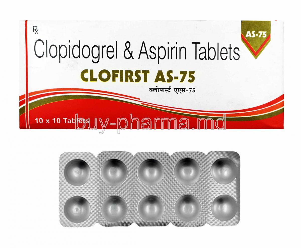 Clofirst-AS, Aspirin 75mg and Clopidogrel box and tablets