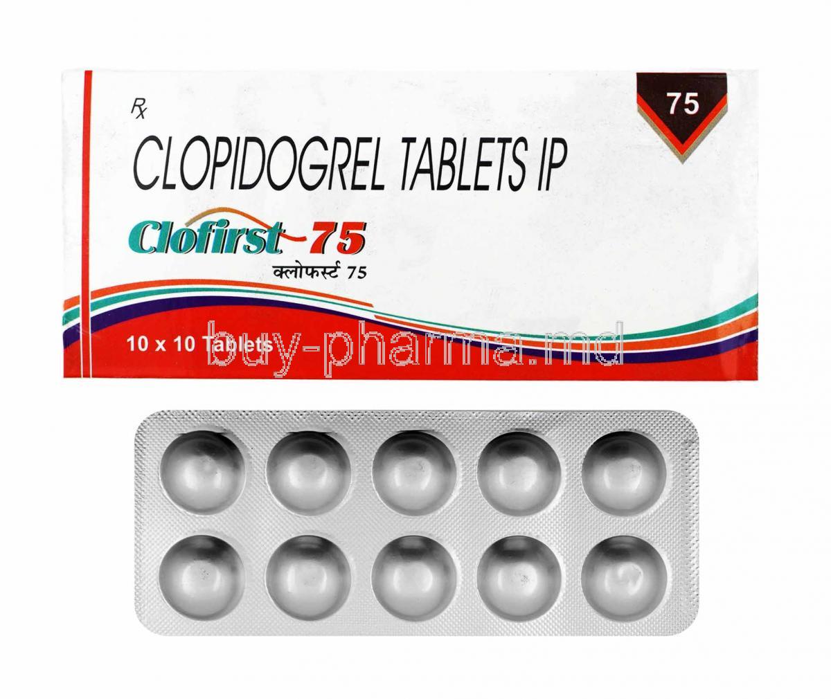 Clofirst, Clopidogrel 75mg box and tablets