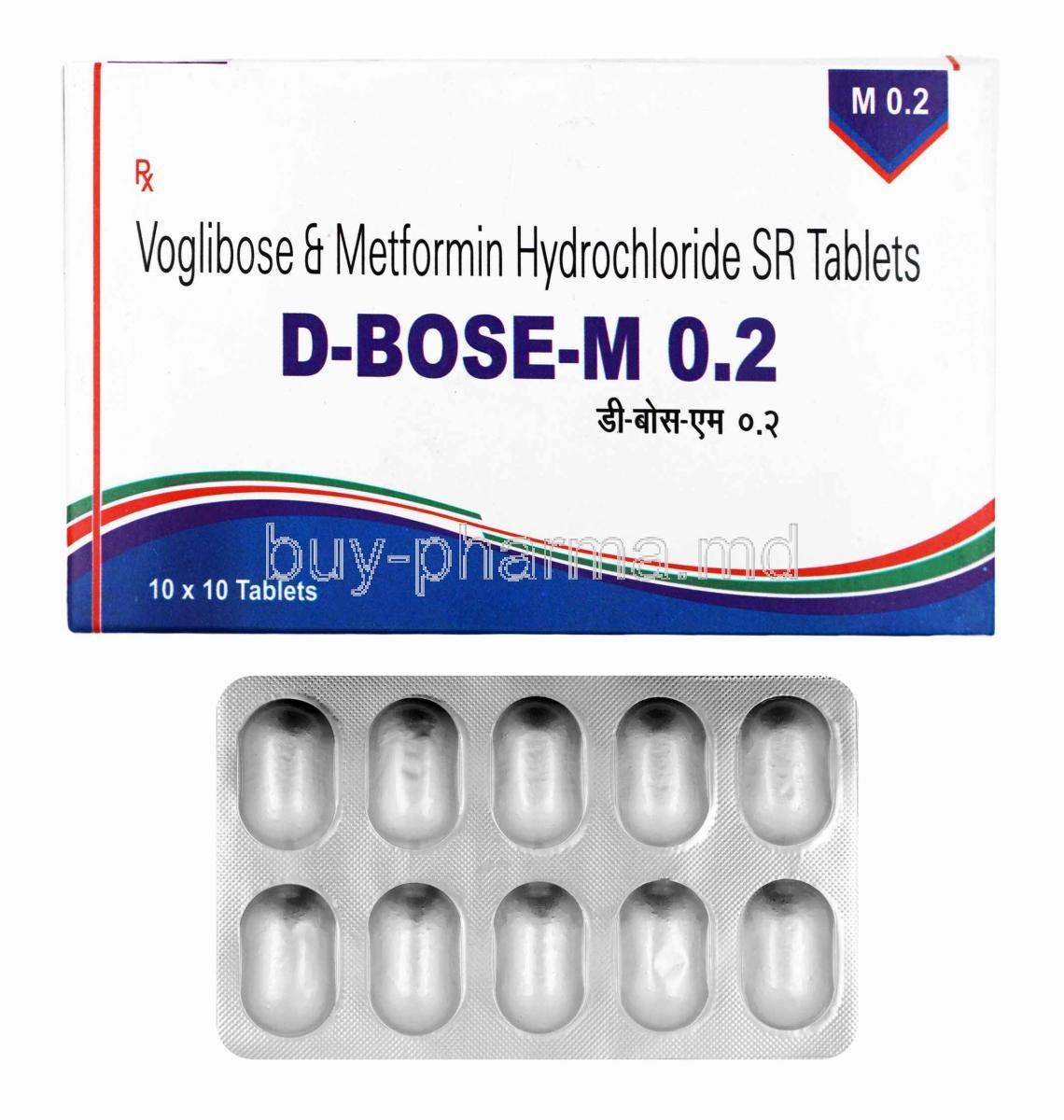 D-Bose-M, Metformin and Voglibose 0.2mg box and tablets