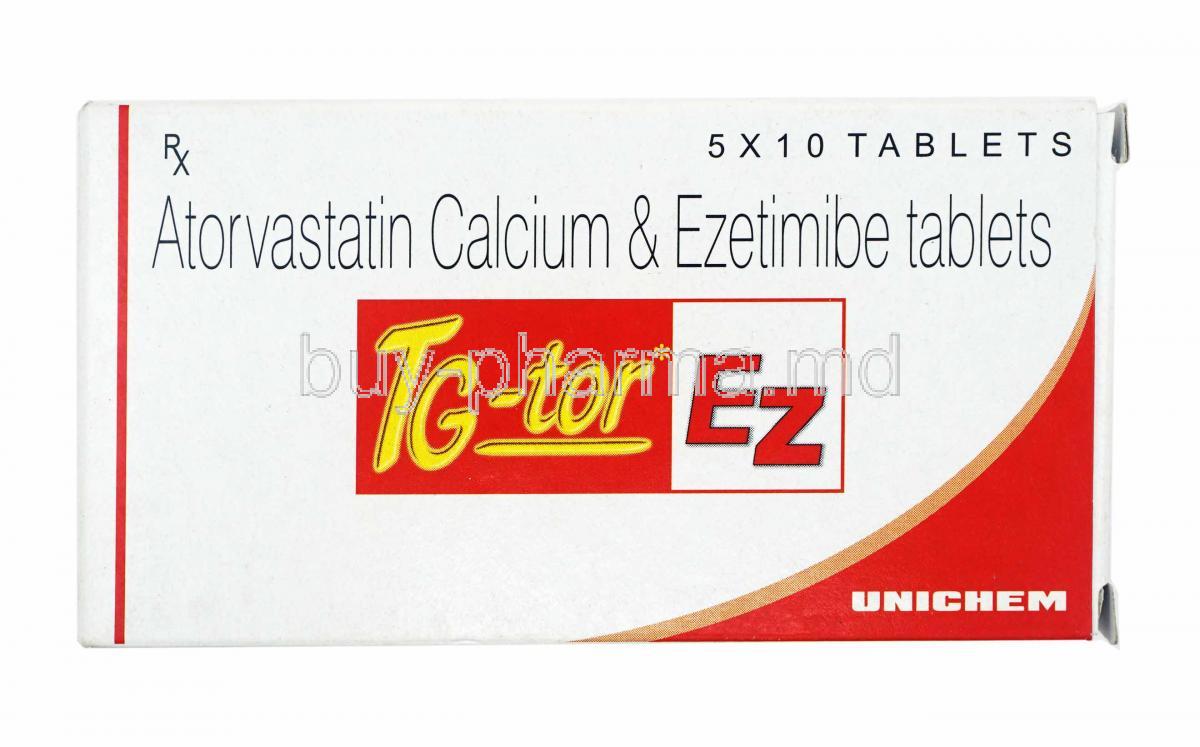 TG Tor EZ, Atorvastatin and Ezetimibe box and tablets