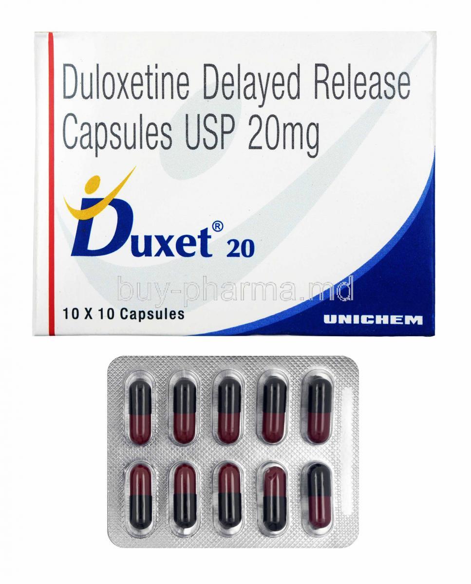 Duxet DR, Duloxetine 20mg box and capsules