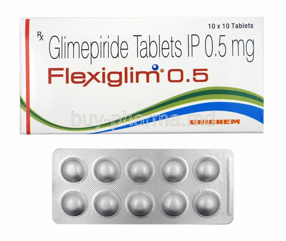 Flexiglim, Glimepiride 0.5mg box and tablets