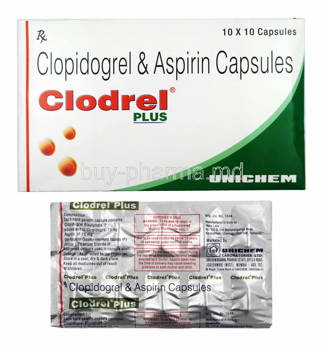 Clodrel Plus, Aspirin 75mg and Clopidogrel box and capsules