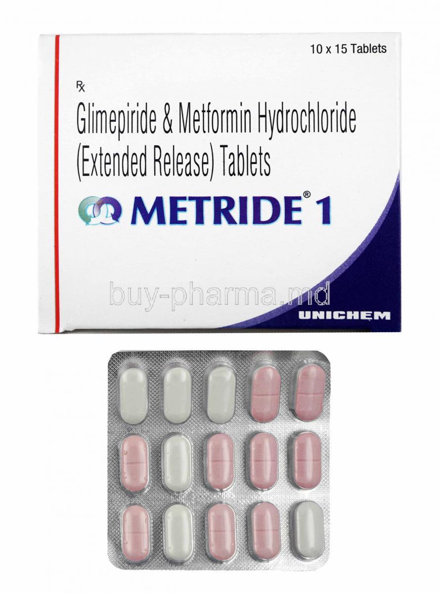 Metride, Glimepiride 1mg and Metformin box and tablets