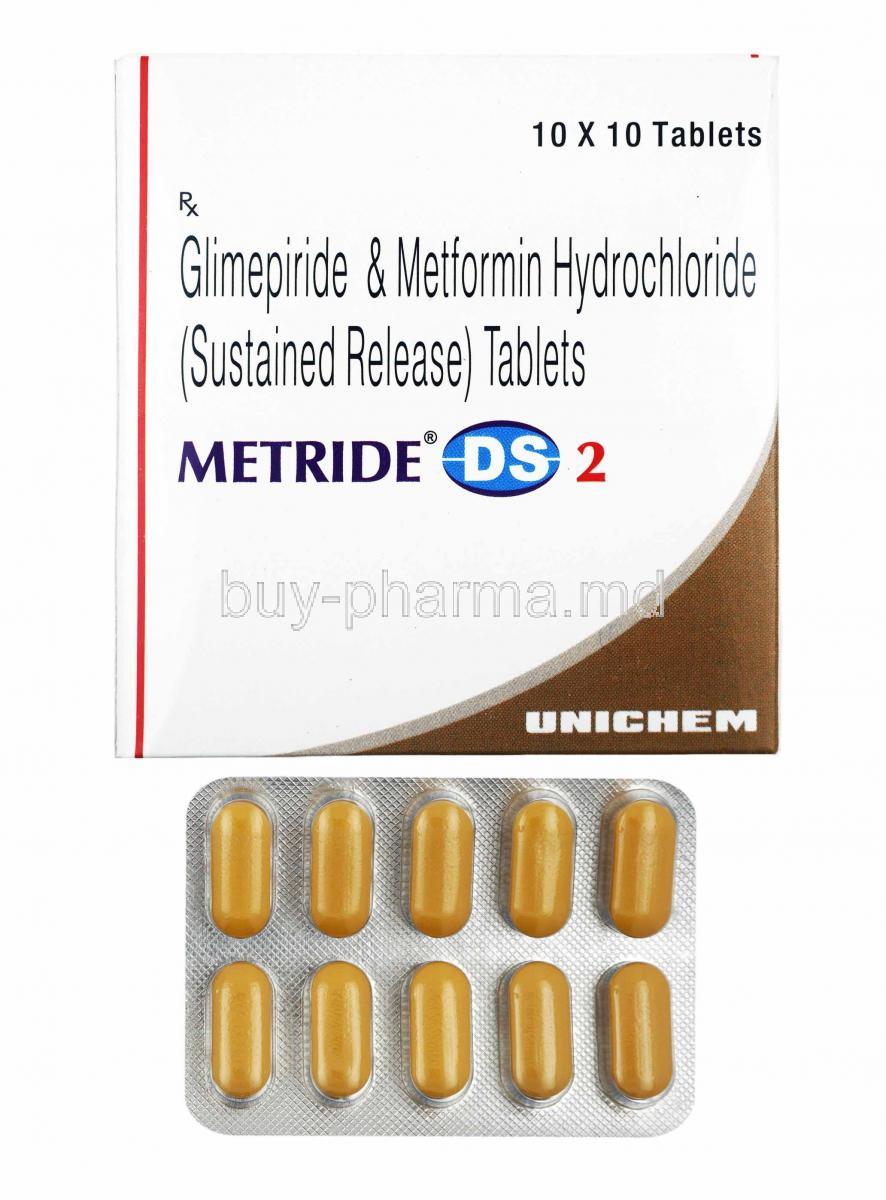 Metride DS, Glimepiride 2mg and Metformin box and tablets