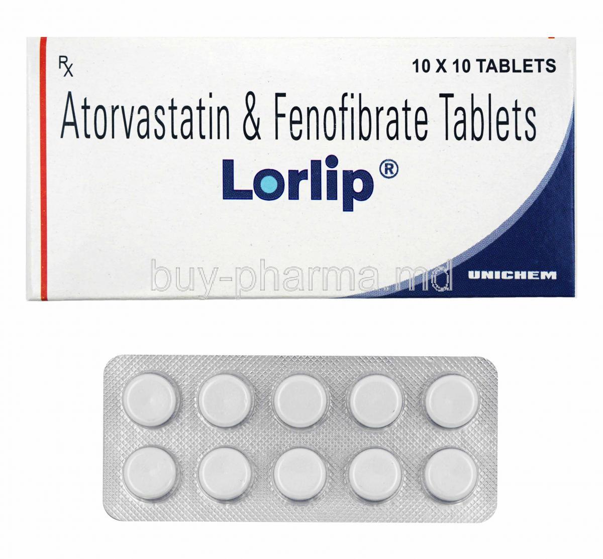 Lorlip, Atorvastatin and Fenofibrate box and tablets