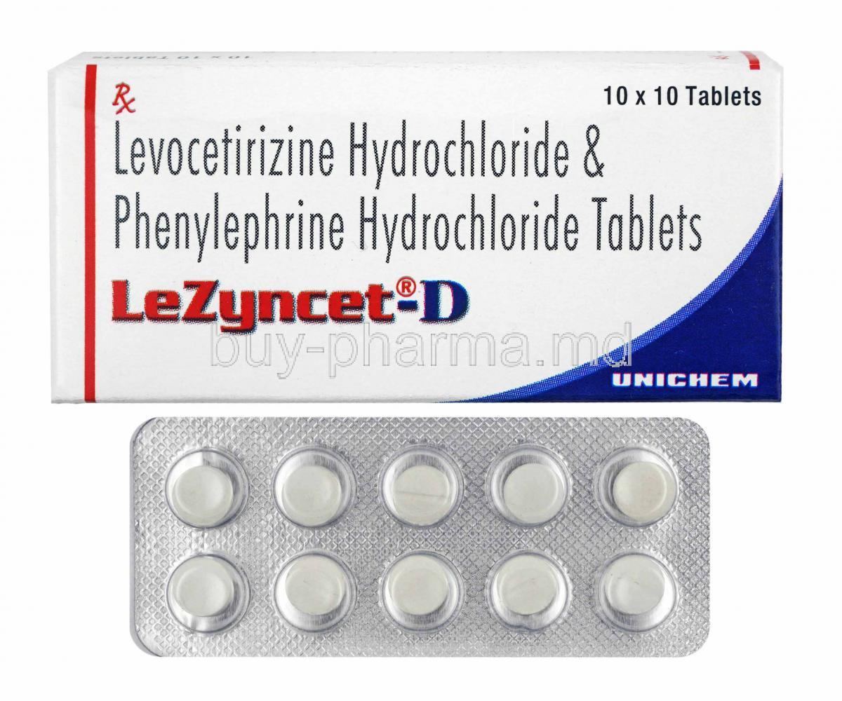 Lezyncet D, Levocetirizine and Phenylephrine box and tablets