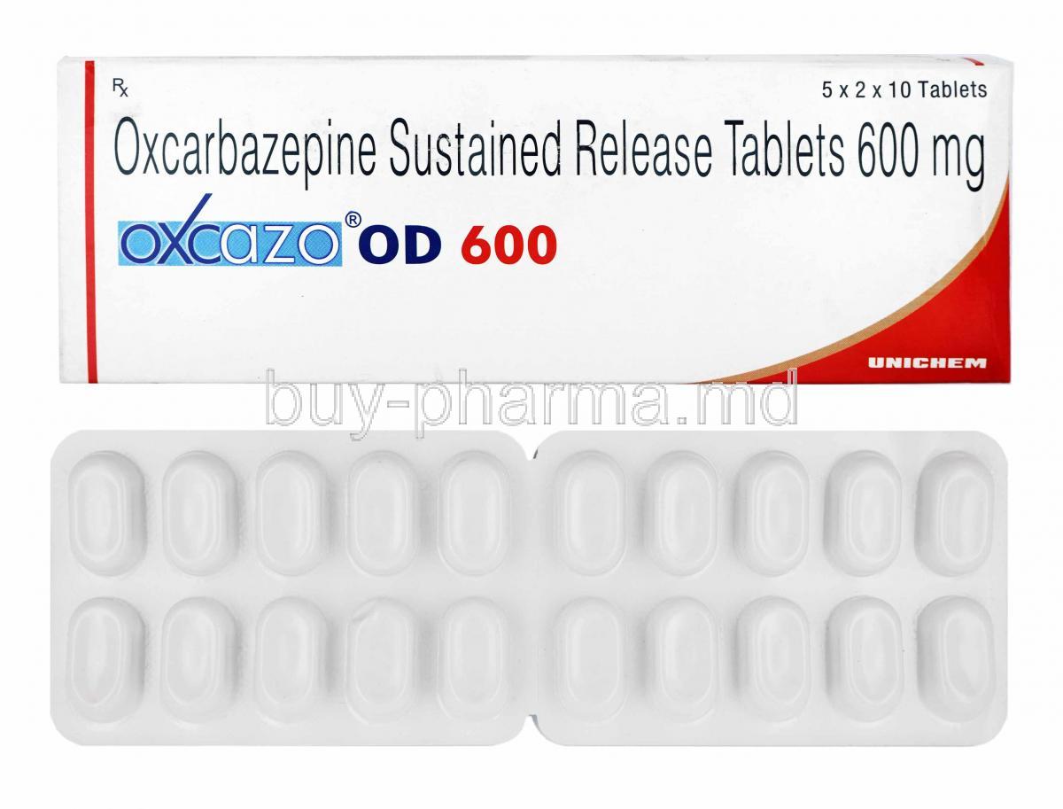 Oxcazo OD, Oxcarbazepine 600mg box and tablets